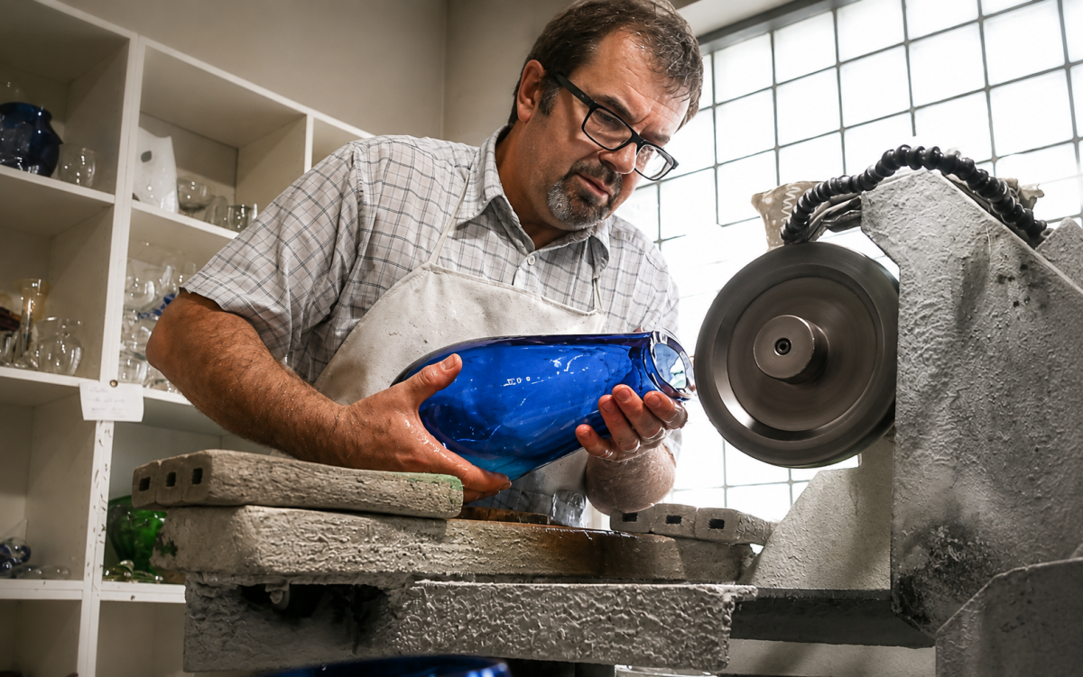 Master craftsman creating handmade crystal at The Irish Handmade Glass Company in Waterford City's Viking Triangle