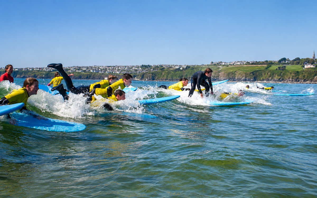 Surfers taking a lesson with Freedom Surf School on Tramore Beach in County Waterford