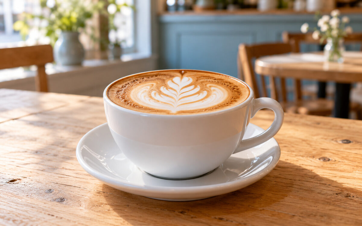 Cappuccino with leaf latte art in a white cup on a café table